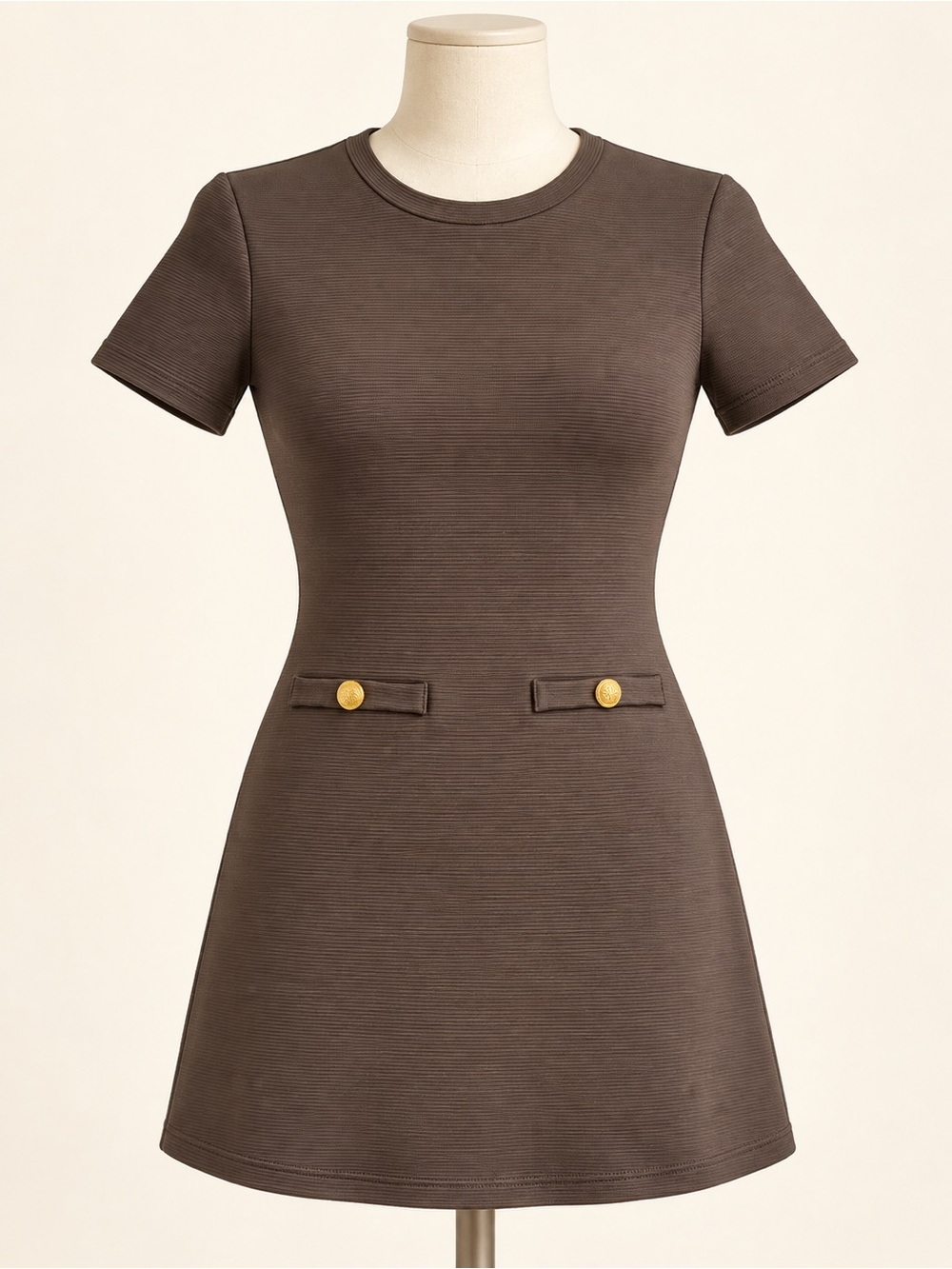 Zara Black Ribbed Mini Dress Gold Buttons S